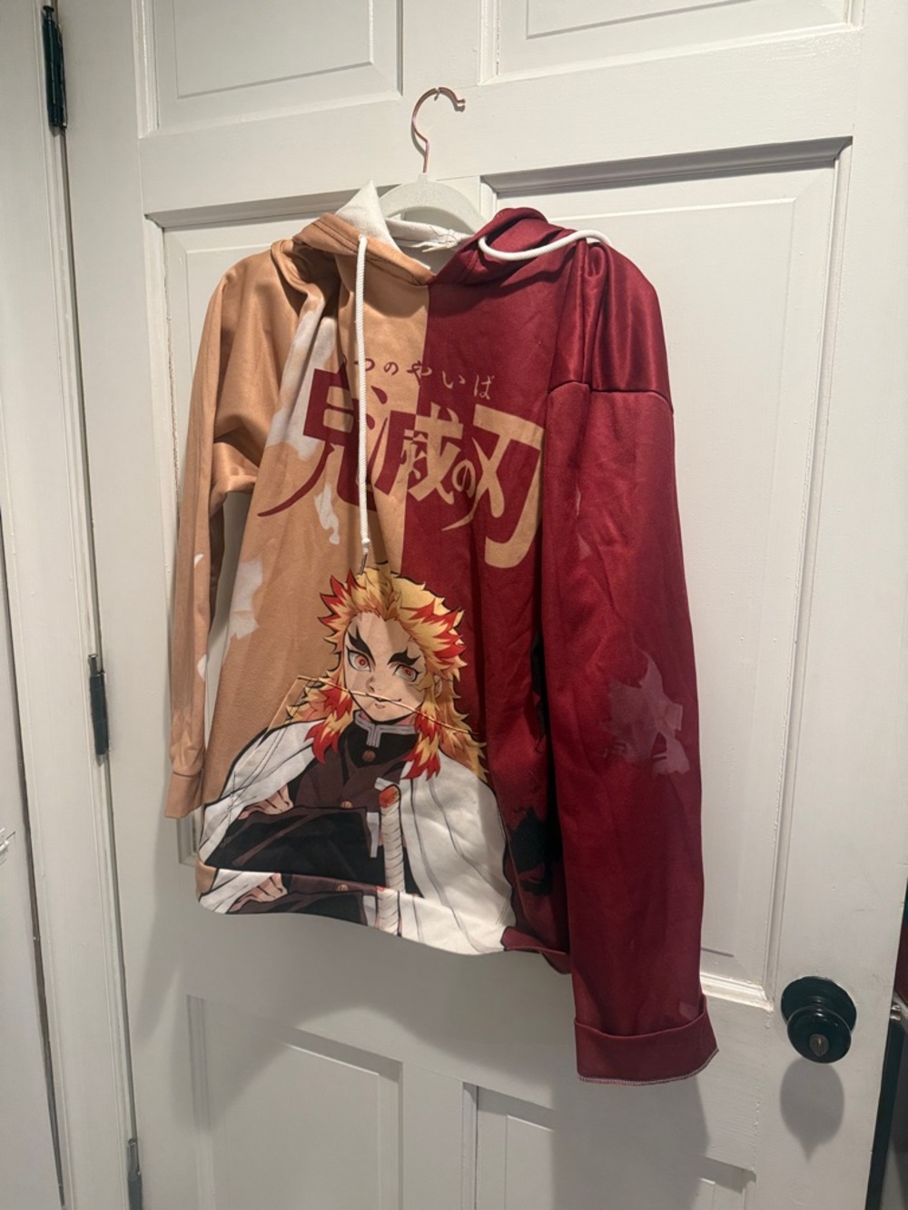 Anime Graphic Split-Color Hoodie featuring Flame Character